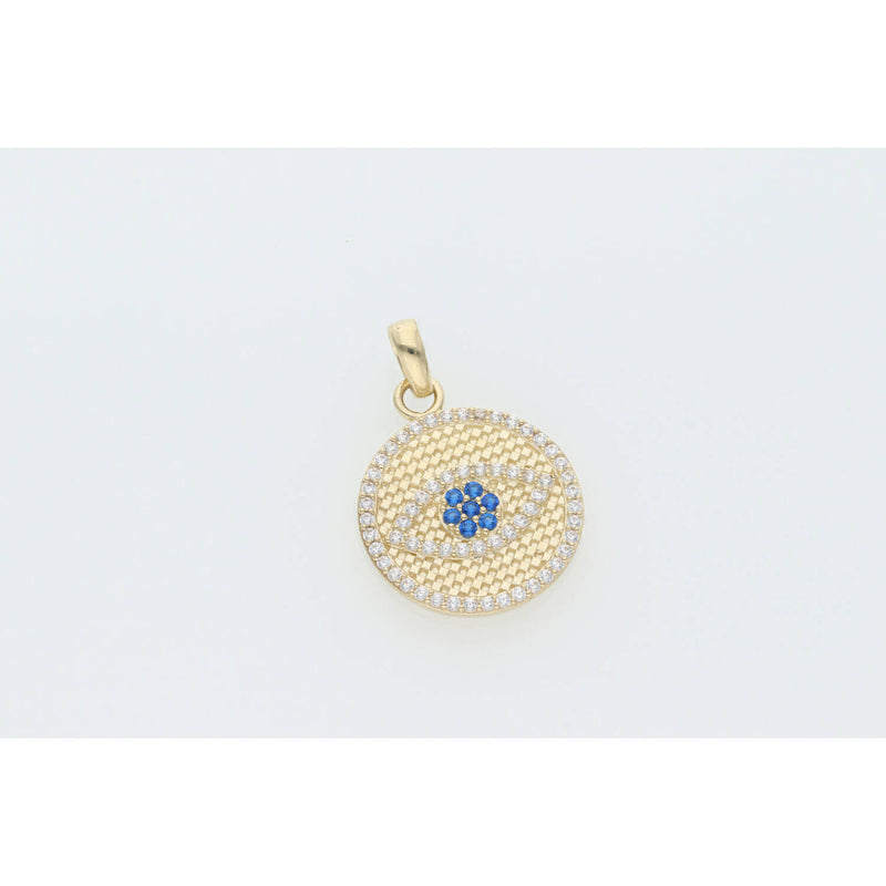14 Karat Gold Cz Blue Eye Round Charm W:3.4