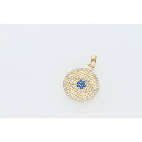 14 Karat Gold Cz Blue Eye Round Charm W:3.4