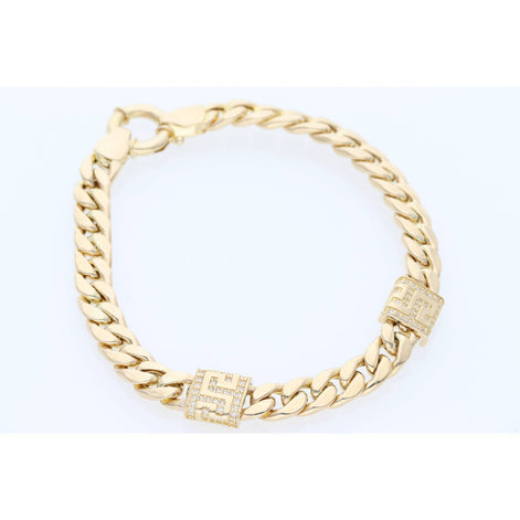 14K Gold CZ Square Maze Miami Cuban Link Bracelet, 6.2mm x 7