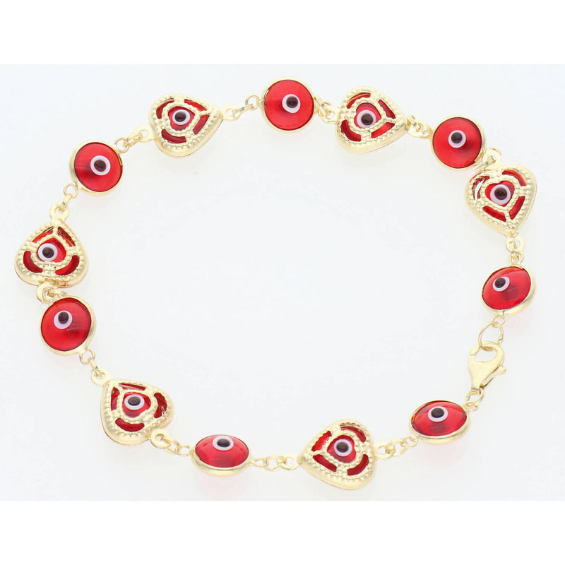 14 Karat Gold Red, Heart & Eye Bracelet 3x7"W:6.2
