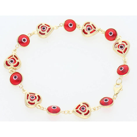 14 Karat Gold Red, Heart & Eye Bracelet 3x7
