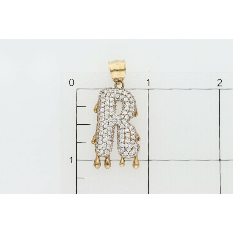 10 Karat Gold Cz Letter Melted Bubble "R" Charm W:4.3