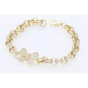 "10K gold butterfly bracelet with cubic zirconia stones on rolo chain"
