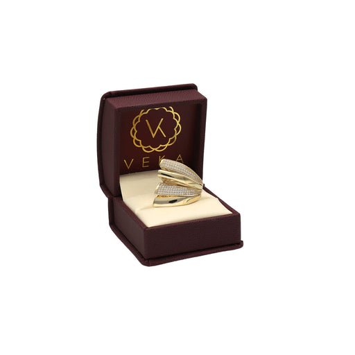 10K gold geometric wrap ring in luxury jewelry box showing alternating polished gold and CZ pavé bands with sophisticated design