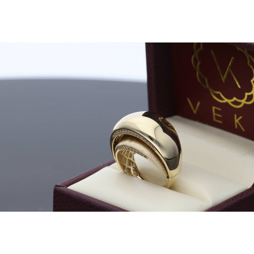 Side view of 14K gold double oval ring showing sculptural layered design with contrasting finishes and sparkling CZ stone details