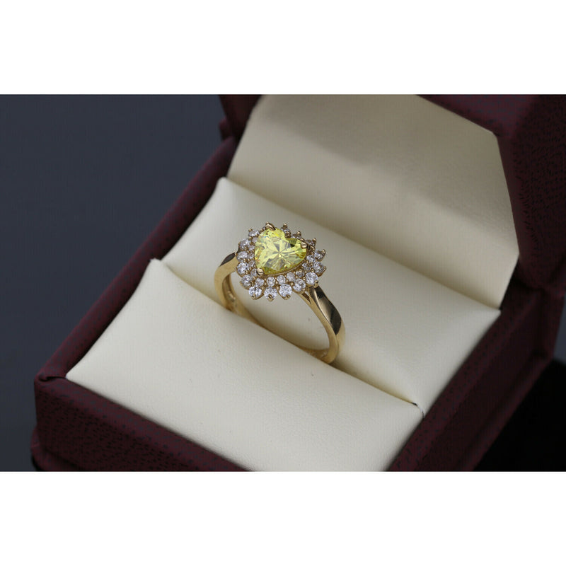 10K Yellow Gold Heart Ring with Yellow Zircon Stone and Clear CZ Halo - Front View