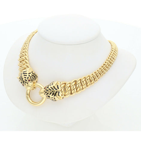 10K yellow gold tiger head necklace with princess chain and synthetic ruby eyes on white background showing bold animal jewelry