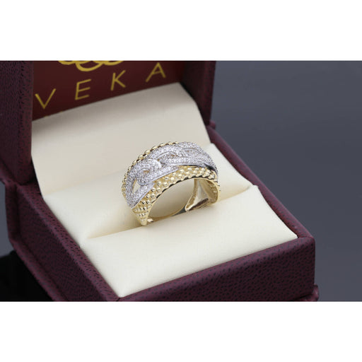 "10K gold twisted band ring with sparkling zirconium stones in luxury presentation box