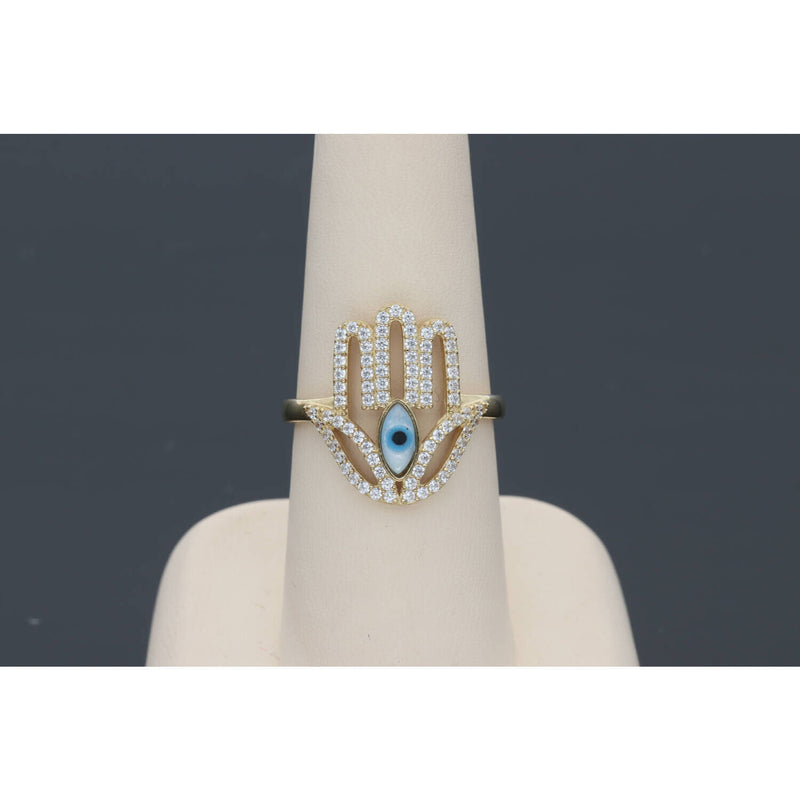 Hamsa Gold Band with Blue eye on the center. Surrounded by CZ stones.