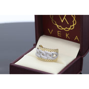 "Intricate 10K gold ring with interwoven bands and zirconium stone accents"
