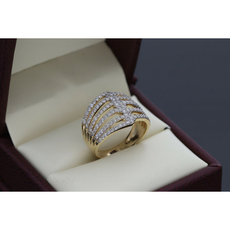 Side view of Gold Ring for women that look like a cascade from the top due to all the stones lines falling. It is set on a leather luxury box ring. Shop Veka Jewelry.