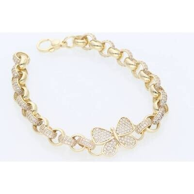 Rolo Link Real 10k Gold bracelet with Butterfly charm in the center full of clear stones