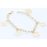 14K yellow gold Rolo chain bracelet with fancy love charms on white background showing elegant design