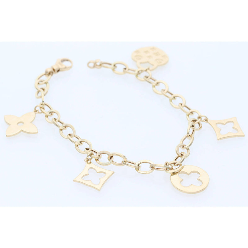 14K yellow gold Rolo chain bracelet with fancy love charms on white background showing elegant design