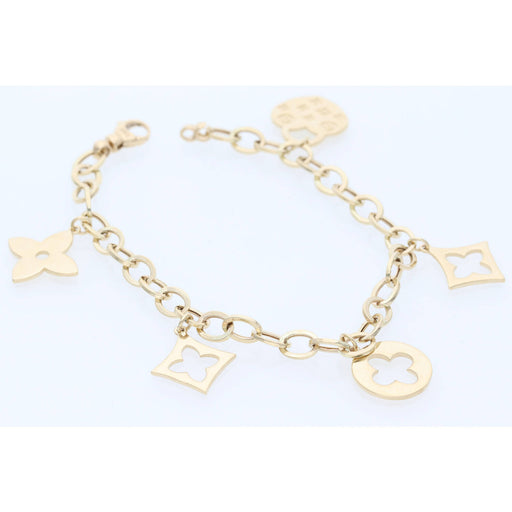 14K yellow gold Rolo chain bracelet with fancy love charms on white background showing elegant design