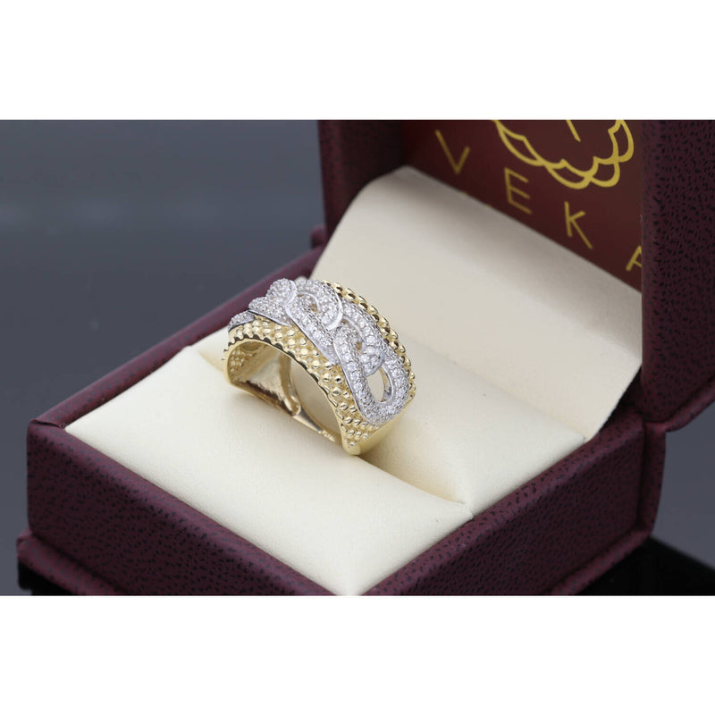 Crossover design gold ring featuring zirconium stones, shown in Veka branded jewelry box - Shop Veka Jewelry