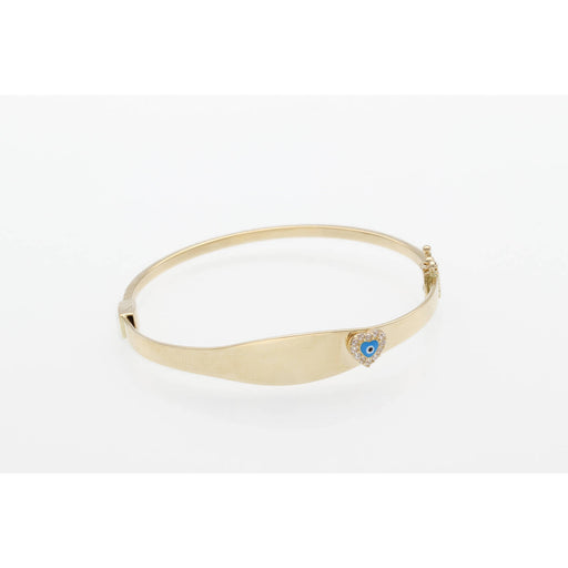 4K gold children's evil eye bangle with blue protection charm and heart with cubic zirconia sith St Lucia.