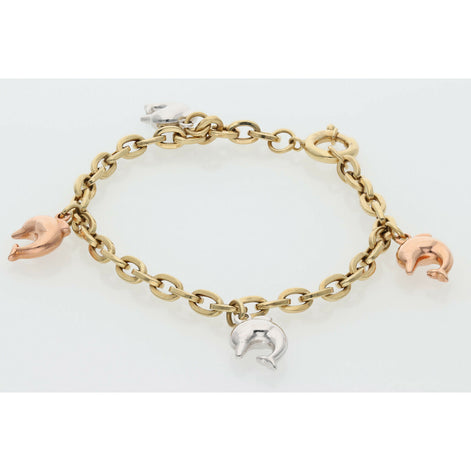 14K gold dolphin bracelet with tri-color charms on rolo chain
