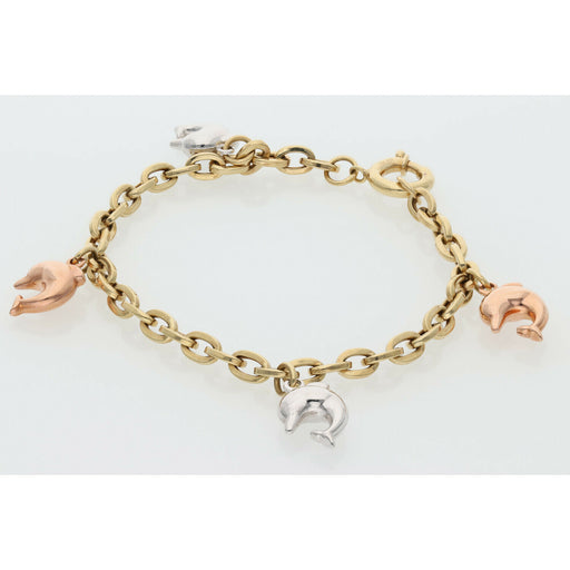 14K gold dolphin bracelet with tri-color charms on rolo chain