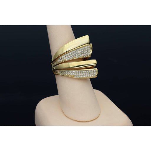 10K gold geometric wrap ring with alternating CZ pavé bands on finger - modern multi-band statement ring for women by Veka Jewelry