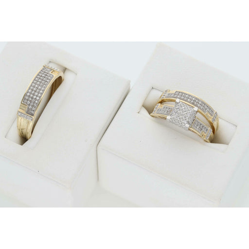 10K G & Diamond Square Design Wedding Trio Set Ring