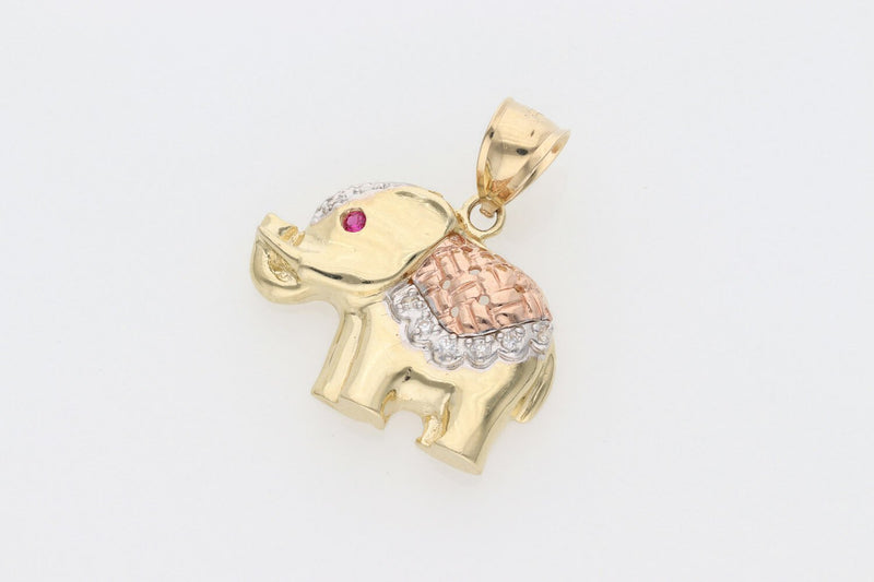 14K Gold & Cz 3 Tone Elephant Charm W:6.5