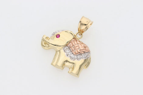 14K Gold & Cz 3 Tone Elephant Charm W:6.5