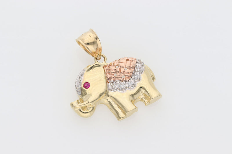 14K Gold & Cz 3 Tone Elephant Charm W:6.5