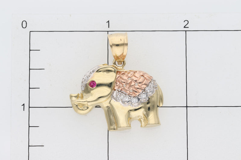 14K Gold & Cz 3 Tone Elephant Charm W:6.5