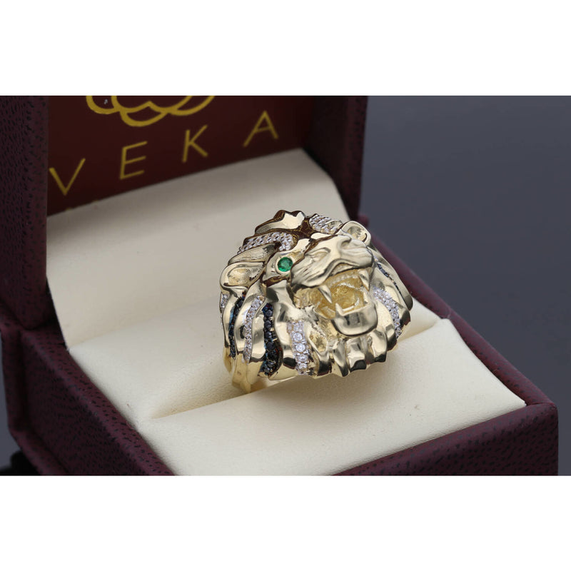 Top Angle Side profile of the lion ring showing the 10K yellow gold shank and the pave setting texture on a luxury Ring leatherette box