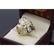 Side profile of the lion ring showing the 10K yellow gold shank and the pave setting texture lying on a leatherette ring luxury box.