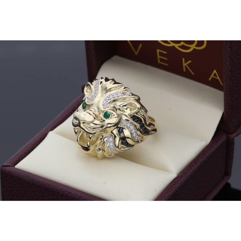 Side profile of the lion ring showing the 10K yellow gold shank and the pave setting texture lying on a leatherette ring luxury box.
