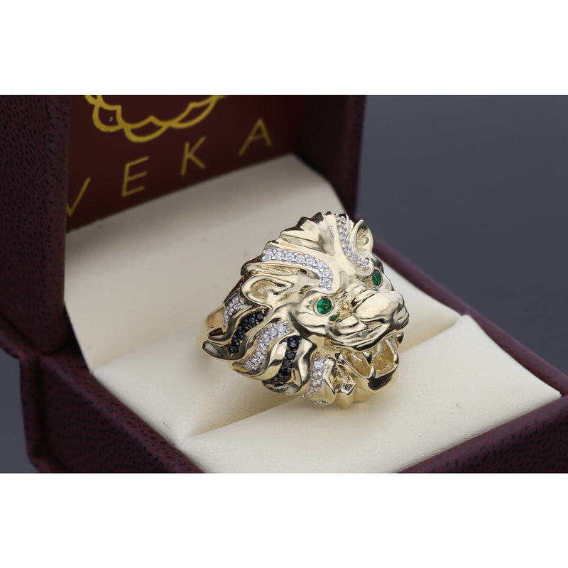 Side profile of the lion ring showing the 10K yellow gold shank and the pave setting texture on a luxury Ring leatherette box