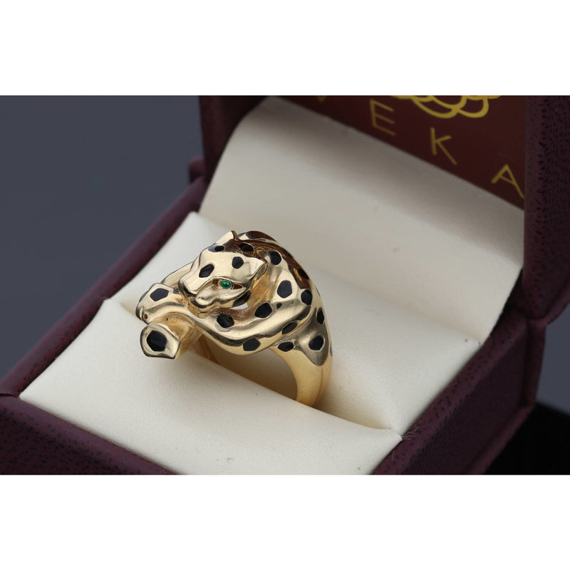 The 14k yellow gold panther ring presented inside a luxury burgundy VEKA Jewelry gift box, ready for gifting