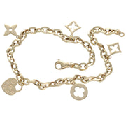 A 14 karat gold rolo chain anklet with various charms and embellishments. 5 elegant charms showing classic circular link chain design like the clover style and heart shaped one too!