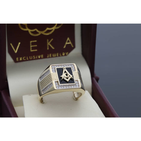 14K Gold Onyx & cz Masonic Ring