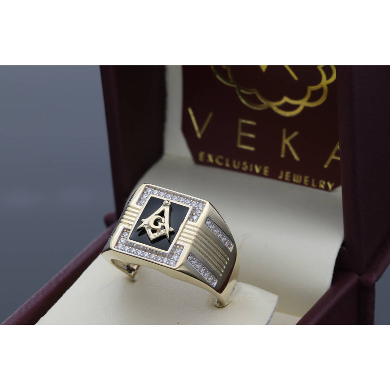 14K Gold Onyx & cz Masonic Ring