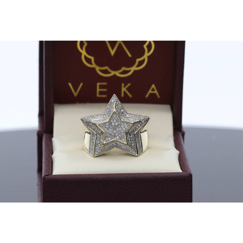 Detailed left side angle of the substantial men's gold star ring by VEKA Jewelry, showcasing the intricate pave diamond placement on the celestial figure