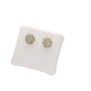 Pair of men's 9mm diamond halo stud earrings in 10K gold featuring composite diamond cluster centers and secure screw back posts.
