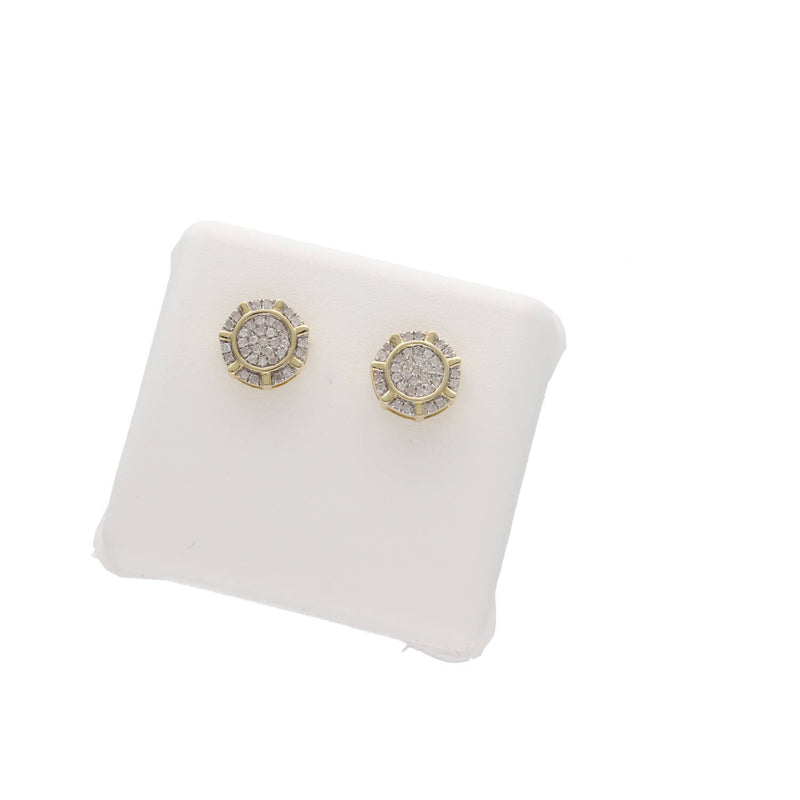 Pair of men's 9mm diamond halo stud earrings in 10K gold featuring composite diamond cluster centers and secure screw back posts.