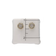 Product size reference showing a pair of Veka Jewelry men's 10K gold diamond stud earrings measuring exactly 9mm in diameter against a metric scale ruler 1 inch