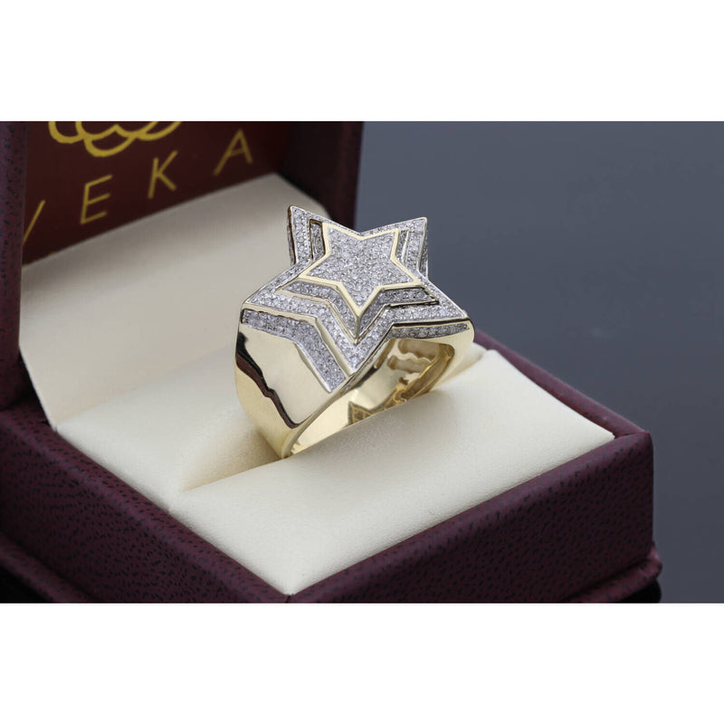 A second distinct VEKA Jewelry men's ring design, featuring interlocking 10K gold links pave-set with diamonds on a textured suede display base.