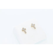 Secure screw back diamond cross stud earrings crafted in solid 10K yellow gold, perfect as a meaningful Christian or Catholic faith jewelry gift