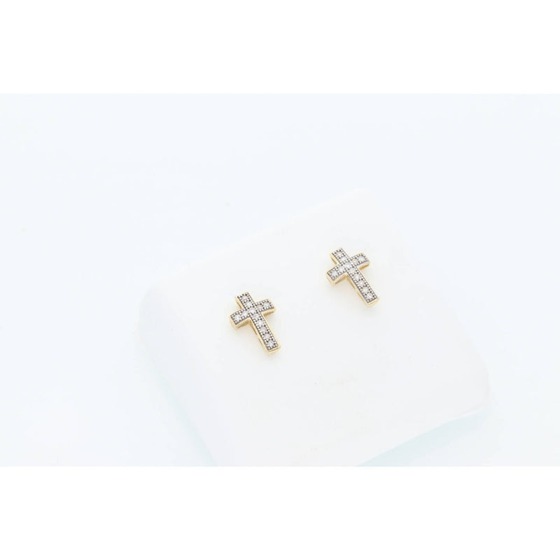 Secure screw back diamond cross stud earrings crafted in solid 10K yellow gold, perfect as a meaningful Christian or Catholic faith jewelry gift