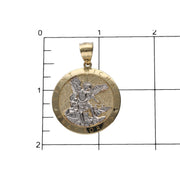 Measurement scale and size chart for two-tone gold St. Michael medal pendant showing 32 mm width and 43.1 mm height.