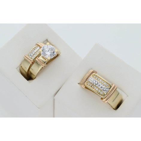 10 Karat Gold Cz Three Tone Textured Line Wedding Trio Set Ring