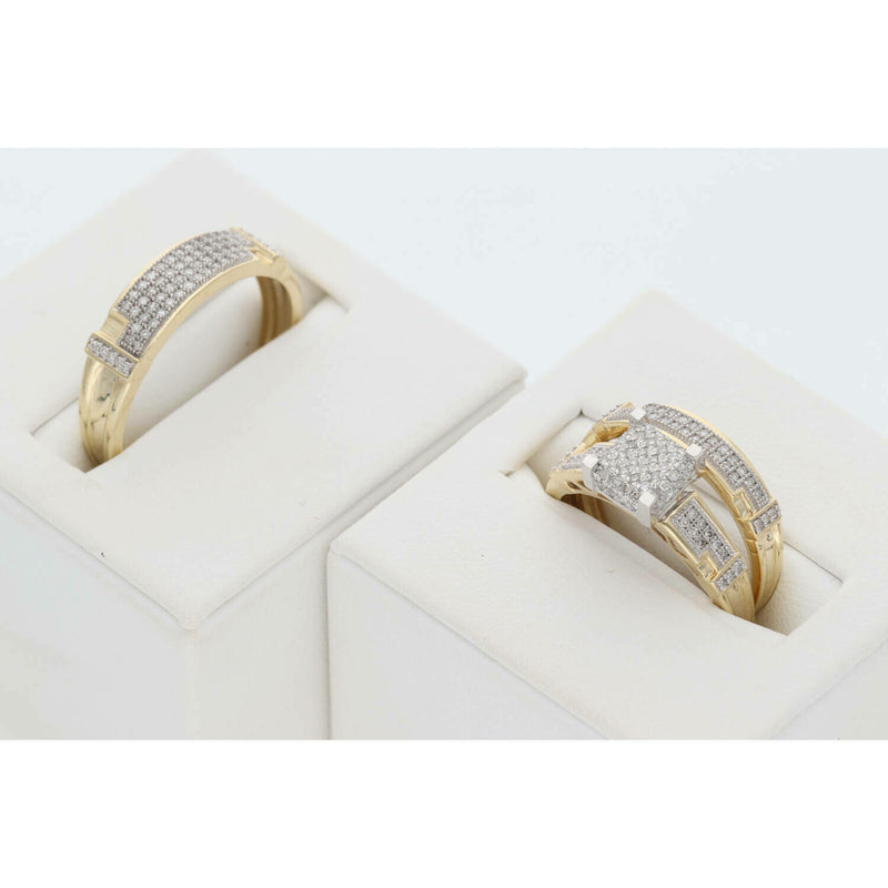 Gold Diamond Square Design Wedding Trio Set Ring 10 Karat