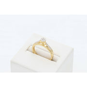 VEKA 14K yellow gold diamond cluster promise ring on white jewelry display stand